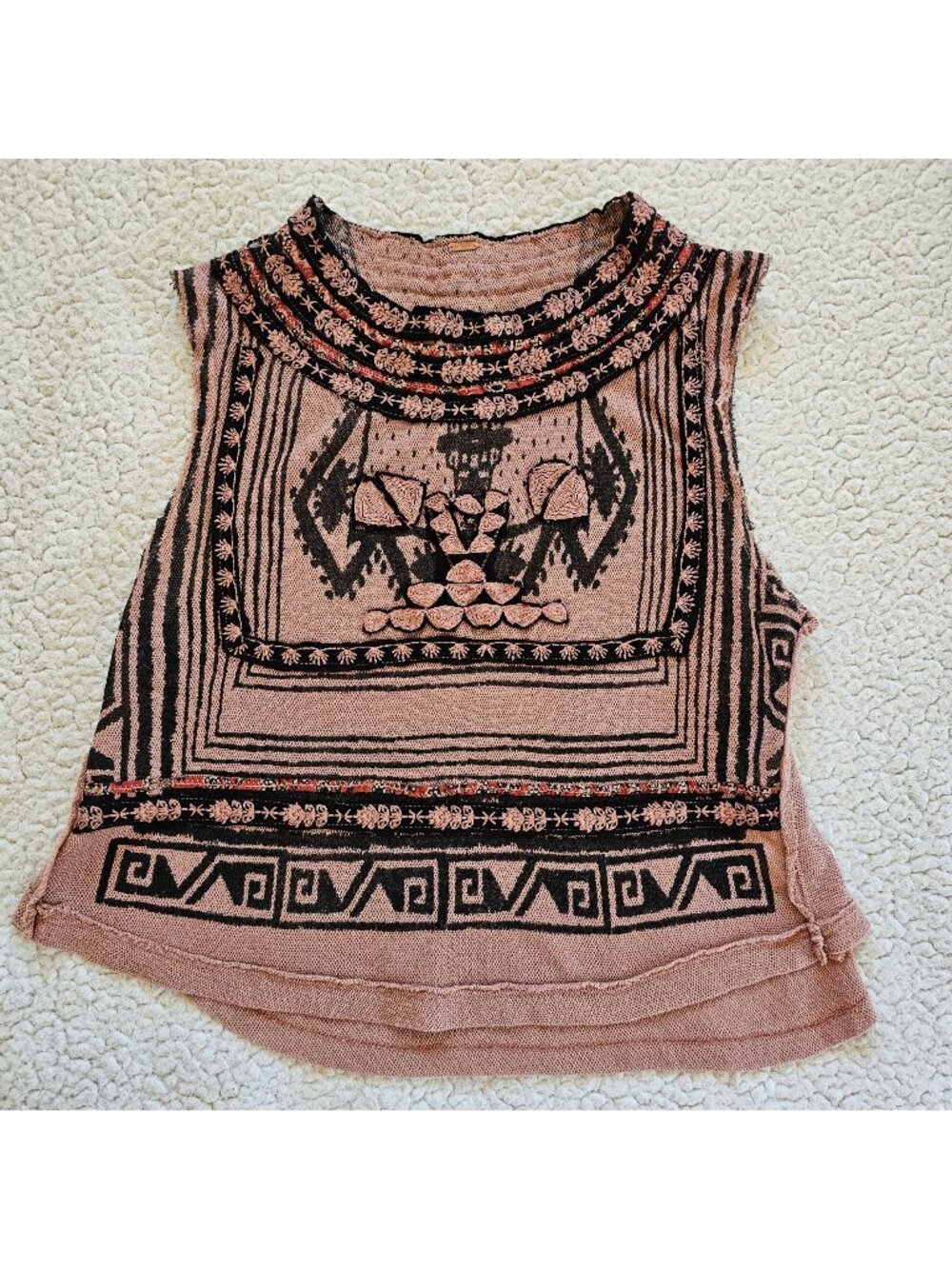 Womens XS Free People Boho Sleeveless Knit Top Geometric Floral Patterns